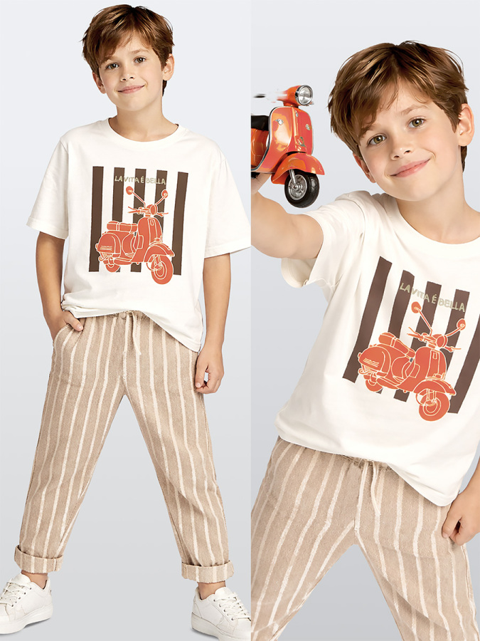 Erkek Çocuk Takım Motosiklet T-Shirt Ve Çizgili Keten Görünümlü Yazlık Pantolon - 1