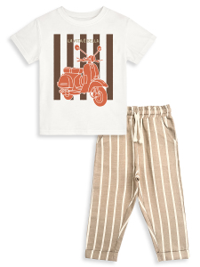 Erkek Çocuk Takım Motosiklet T-Shirt Ve Çizgili Keten Görünümlü Yazlık Pantolon - 4