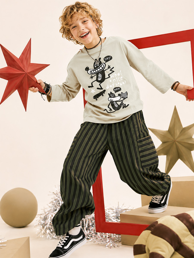Erkek Çocuk Takım Oversize Tişört - Çizgili Dokuma Gabardin Pantolon (5-10 Yaş) - 7