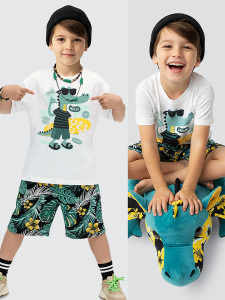 Erkek Çocuk Takım Timsah Hawaii Baskılı T-Shirt Şort İkili Takım Yazlık 2-8 Yaş - Denokids