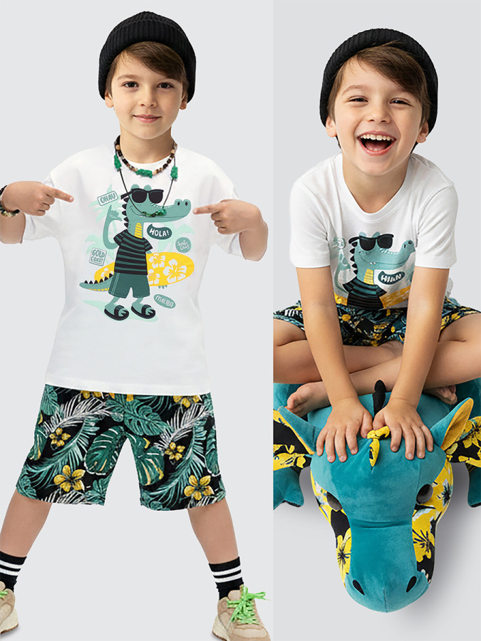 Erkek Çocuk Takım Timsah Hawaii Baskılı T-Shirt Şort İkili Takım Yazlık 2-8 Yaş - 1