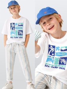 Erkek Çocuk Takım Yaz Pamuk T-Shirt Ve Çizgili Keten Görünümlü Yazlık Pantolon - Denokids