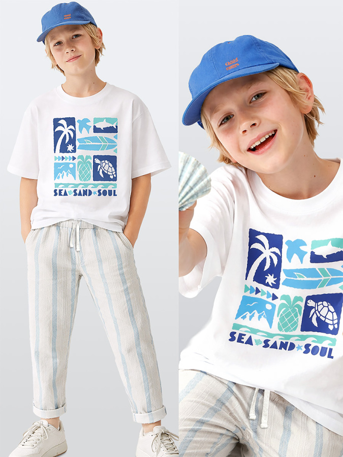Erkek Çocuk Takım Yaz Pamuk T-Shirt Ve Çizgili Keten Görünümlü Yazlık Pantolon - 1