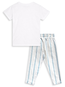 Erkek Çocuk Takım Yaz Pamuk T-Shirt Ve Çizgili Keten Görünümlü Yazlık Pantolon - 5