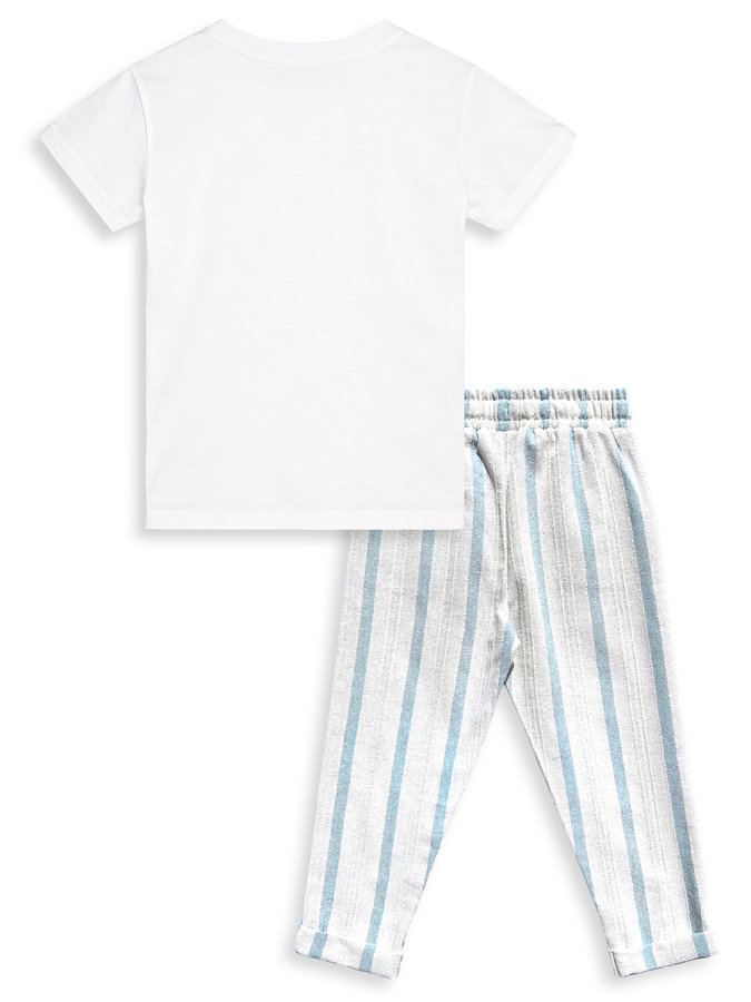 Erkek Çocuk Takım Yaz Pamuk T-Shirt Ve Çizgili Keten Görünümlü Yazlık Pantolon - 5