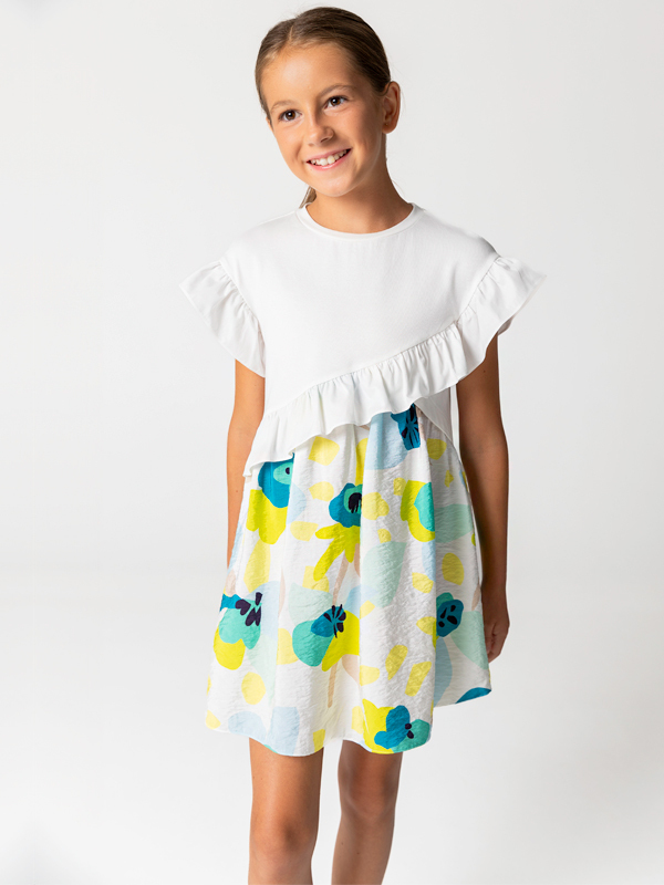 Eteği Çiçekli Yarım Kol Kız Çocuk Elbise - 1