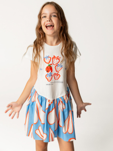 Etekli Çilek ve Kalp Desenli Kız Çocuk Elbise - SheShe