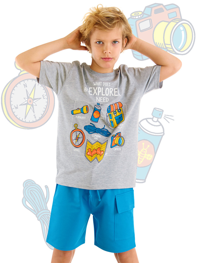 Explorer Kamp Temalı Erkek Çocuk Yazlık T-shirt Kargo Cepli Şort Takım - 1