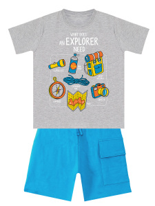 Explorer Kamp Temalı Erkek Çocuk Yazlık T-shirt Kargo Cepli Şort Takım - 3