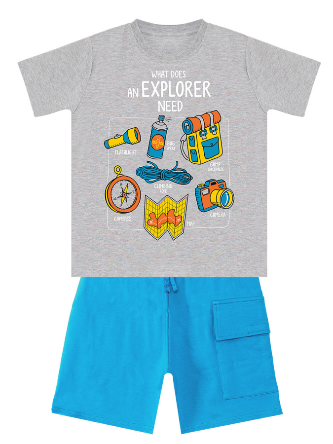 Explorer Kamp Temalı Erkek Çocuk Yazlık T-shirt Kargo Cepli Şort Takım - 3