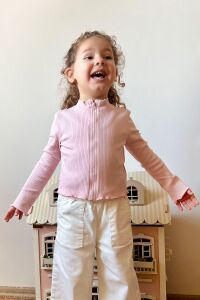 Fermuarlı Dik Yaka Kaşkorse Pembe Hırka - 3