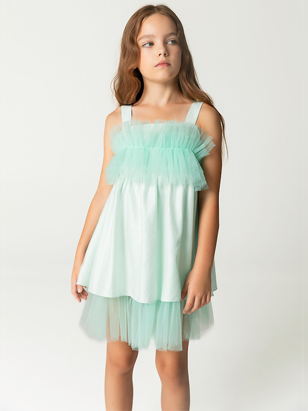 Fırfır Göğüs Detaylı Askılı Kız Çocuk Elbise - 1