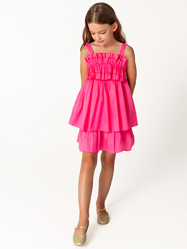 Fırfır Göğüs Detaylı Pembe Askılı Kız Çocuk Elbise - 1