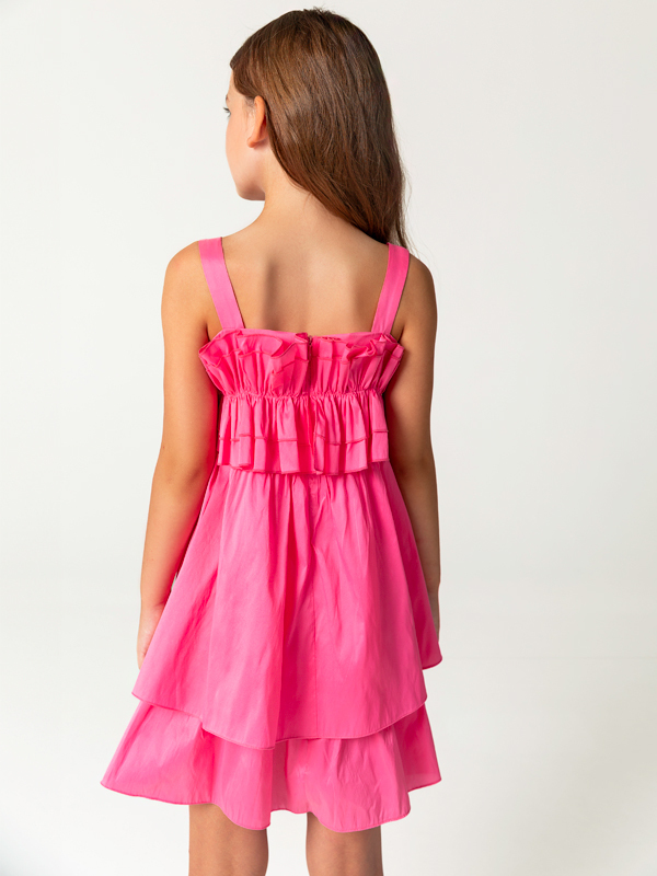 Fırfır Göğüs Detaylı Pembe Askılı Kız Çocuk Elbise - 2