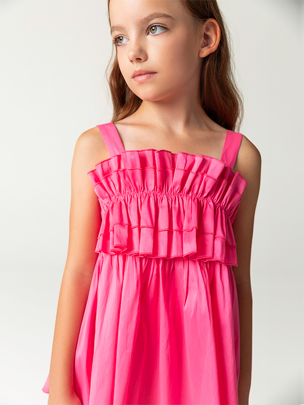 Fırfır Göğüs Detaylı Pembe Askılı Kız Çocuk Elbise - 3