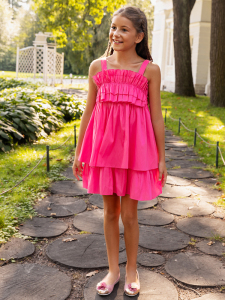 Fırfır Göğüs Detaylı Pembe Askılı Kız Çocuk Elbise - 4