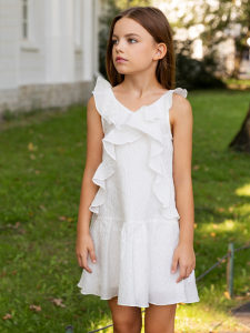 Fırfırlı Beyaz Kolsuz Kız Çocuk Elbise - 4