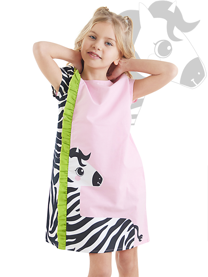Fırfırlı Zebra Kız Çocuk Pembe Yazlık Elbise - 1
