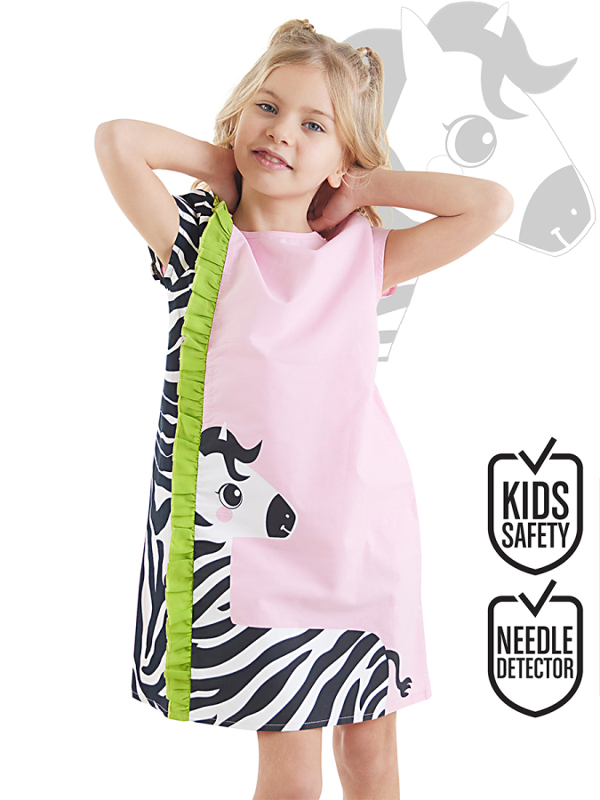 Fırfırlı Zebra Kız Çocuk Pembe Yazlık Elbise - 1
