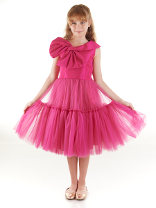 Fiyonk Detaylı Tütü Kabarık Kız Çocuk Fuşya Abiye Elbise - Daisy Girls