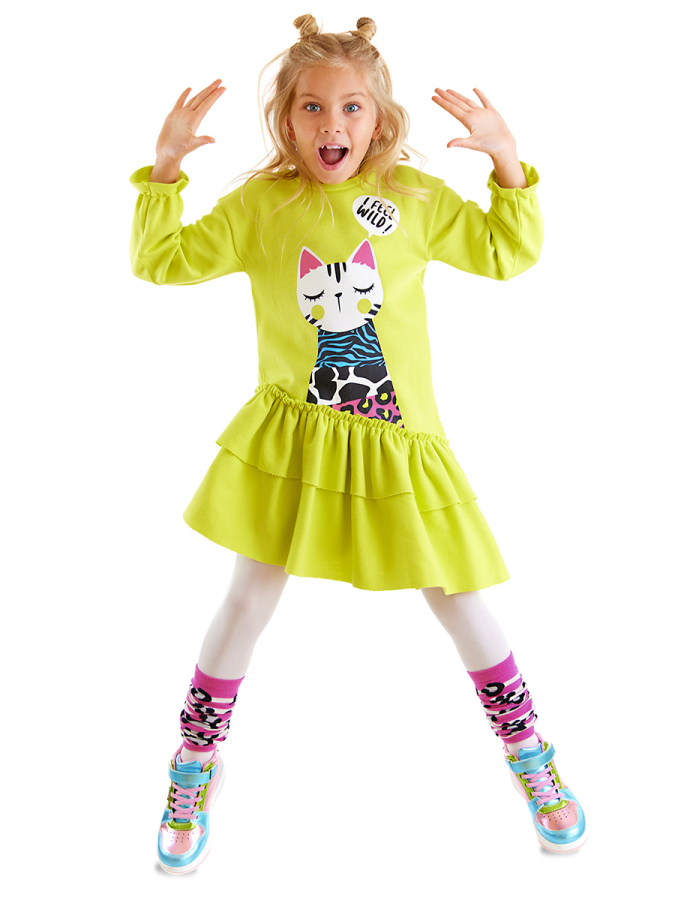 Forrest Cat Girl Cotton Lime Dress - 1