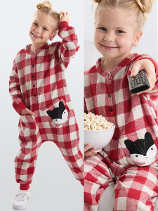Kız Çocuk Tilki ve Ekose Desenli Dokuma Kırmızı Uzun Kollu Tulum 2-8 Yaş - Denokids