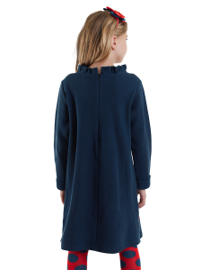 Kız Çocuk Kışlık Çiçek Desenli Pamuklu Lacivert Uzun Kollu Fırfırlı Elbise 4-8 Yaş - 2