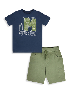 Erkek Çocuk Takım Bilim Baskılı Pamuk T-Shirt Gabardin Dokuma Şort Yazlık Takım - 4