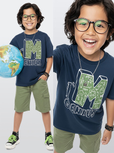 Erkek Çocuk Takım Bilim Baskılı Pamuk T-Shirt Gabardin Dokuma Şort Yazlık Takım - Denokids