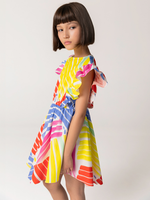 Geometrik Desenli Beli Lastikli Kız Çocuk Elbise - 4