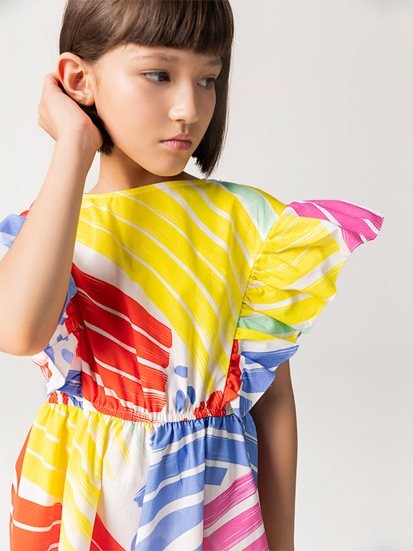 Geometrik Desenli Beli Lastikli Kız Çocuk Elbise - 3