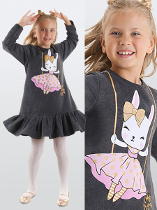 Giitter Rabbit Girl Anthracite Dress - Denokids