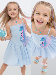 Girls Dress Blue Seahorse - 1