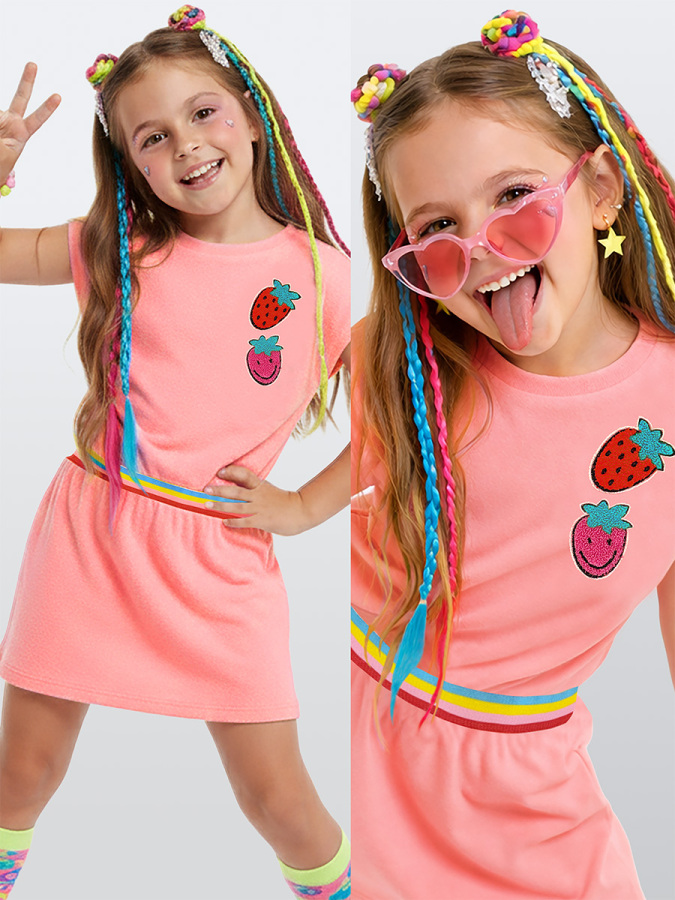 Girls Dress Terry Cloth Pink Strawberries - 1
