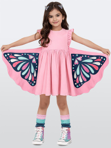 Girls Dress Terry Cotton Pink Butterfly - Denokids