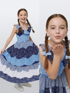 Girls Navy Blue White Dress %100 Cotton - Denokids