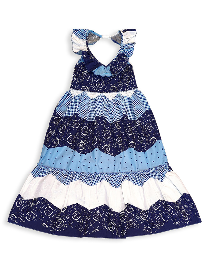 Girls Navy Blue White Dress %100 Cotton - 4