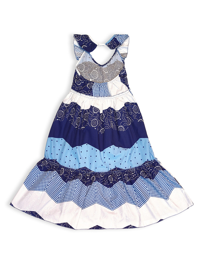 Girls Navy Blue White Dress %100 Cotton - 5