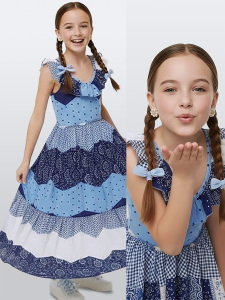 Girls Navy Blue White Dress %100 Cotton - Denokids