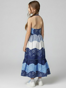 Girls Navy Blue White Dress %100 Cotton - 2