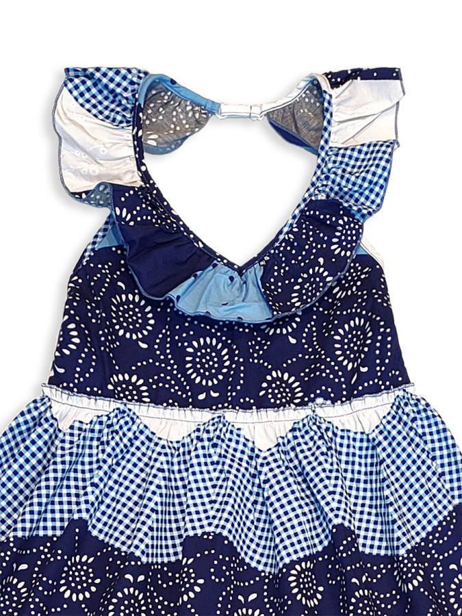 Girls Navy Blue White Dress %100 Cotton - 6
