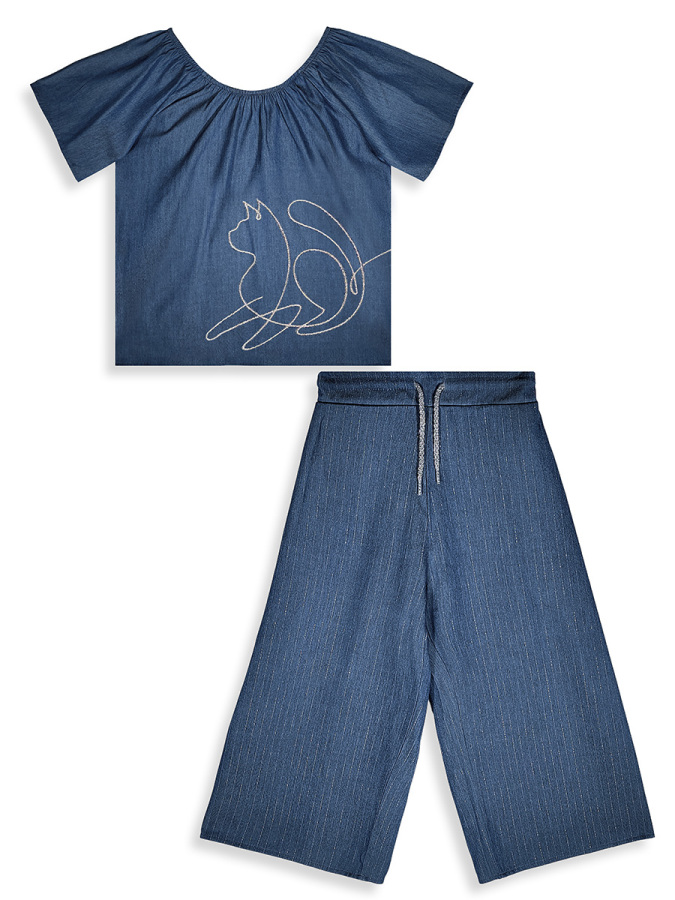 Girls Set Denim Look Silver Cat - 4