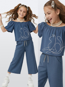 Girls Set Denim Look Silver Cat - Denokids
