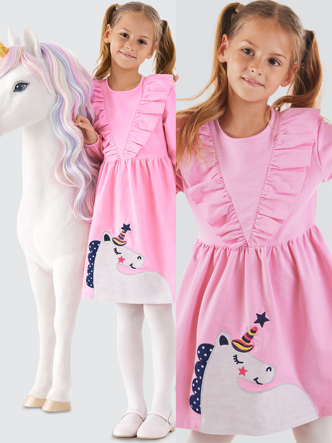 Glitter Unicorn Girl Pink Dress - 1