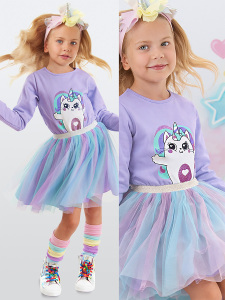 Kız Çocuk Kışlık Unicorn ve Kedi Desenli Tüllü Mor Uzun Kollu Elbise 2-8 Yaş - Denokids