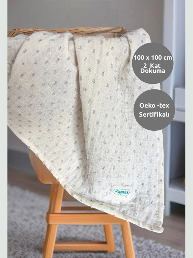 Gri Ponponlu Bebek Müslin Örtü - Battaniye - 1