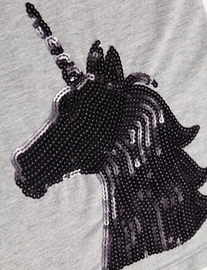 Gri Unicorn Payet İşlemeli Kız Çocuk Yazlık Elbise - 8