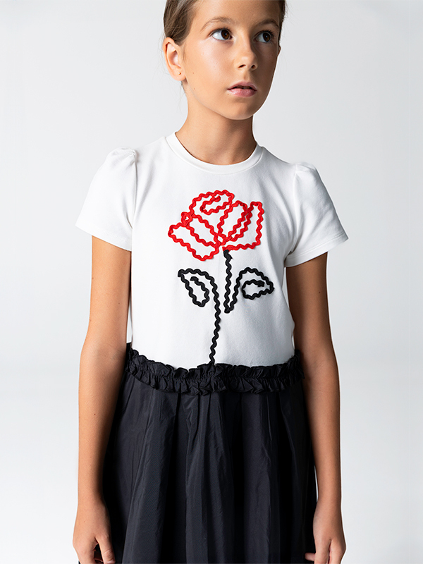 Gül Desenli Örme Üst Tafta Etek Elbise - 3