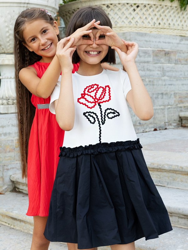 Gül Desenli Örme Üst Tafta Etek Elbise - 5