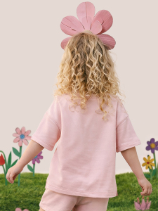 Pembe Bisiklet Yaka Oversize T-shirt Kız Çocuk %100 Pamuk - 2